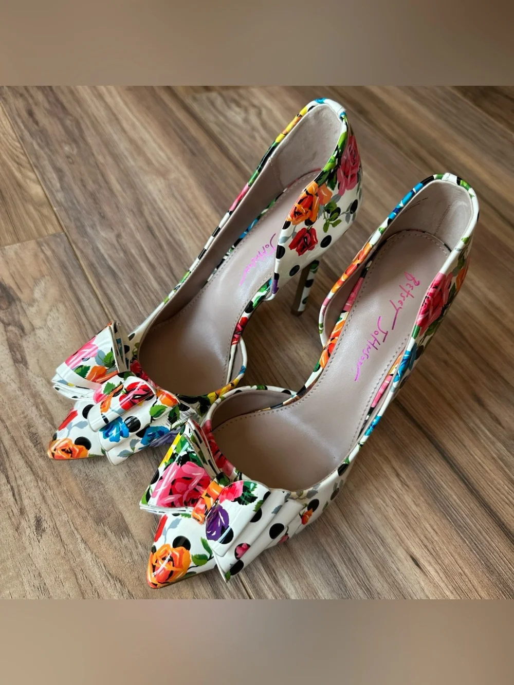 BETSEY JOHNSON Prince P Pumps Multicolor Floral Polka Dot D'Orsay Stiletto Sz 8